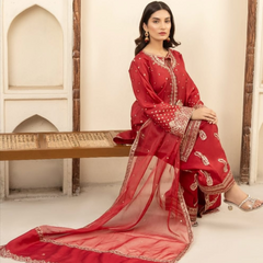 Red Luxury Embroidered Chiffon 3-Piece Suit – Wedding Edition