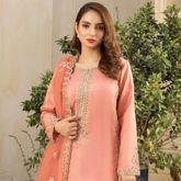 Peach Coral Embroidered Chiffon 3-Piece Suit – Festive Glow Edition