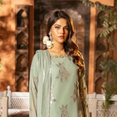 Sage Green Luxury Embroidered Chiffon 3-Piece Suit – Minimal Elegance