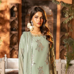 Sage Green Luxury Embroidered Chiffon 3-Piece Suit – Minimal Elegance