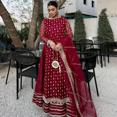 Maroon Luxury Embroidered Chiffon 3-Piece Suit – Royal Glam Edition