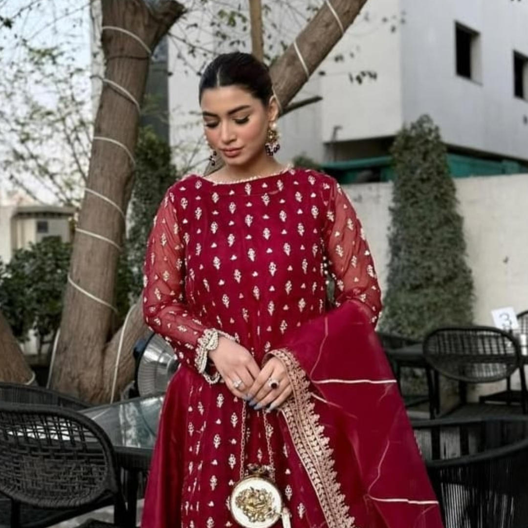 Maroon Luxury Embroidered Chiffon 3-Piece Suit – Royal Glam Edition