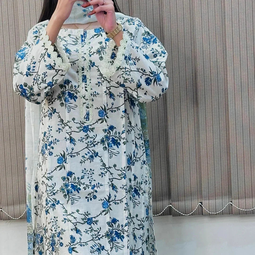 White & Blue Embroidered Lawn 3-Piece Suit – Fresh & Festive