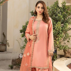 Peach Coral Embroidered Chiffon 3-Piece Suit – Festive Glow Edition