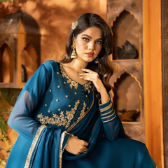 Midnight Navy Embroidered Chiffon 3-Piece Suit – Evening Elegance Edition