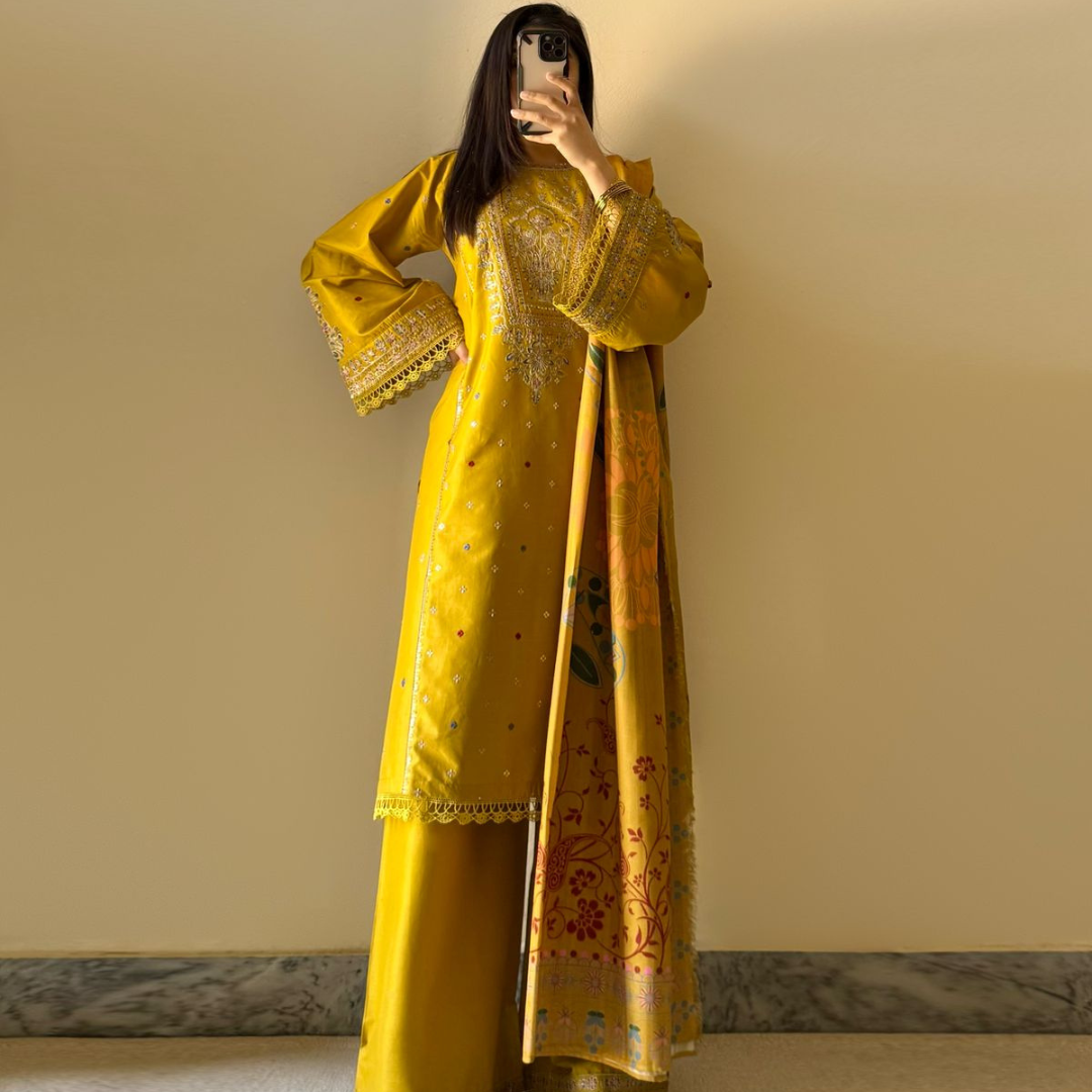 Embroidered Mustard Lawn 3-Piece Suit – Ready to Wear