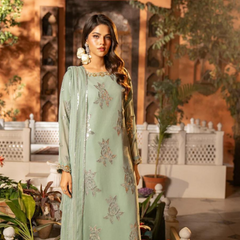 Sage Green Luxury Embroidered Chiffon 3-Piece Suit – Minimal Elegance