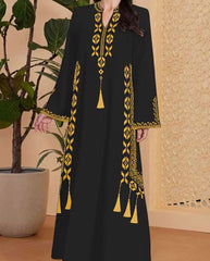 Embroidered Maxi Dress with Mustard Detailing