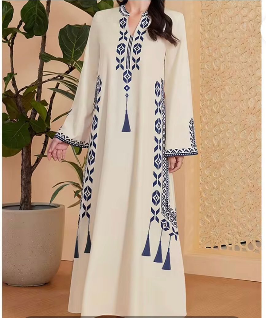 Embroidered Maxi Dress with Mustard Detailing