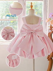 Baby Pink Party Dress with Bow & Pearl Neckline (4–8 Years)