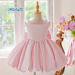 Baby Pink Party Dress with Bow & Pearl Neckline (4–8 Years)
